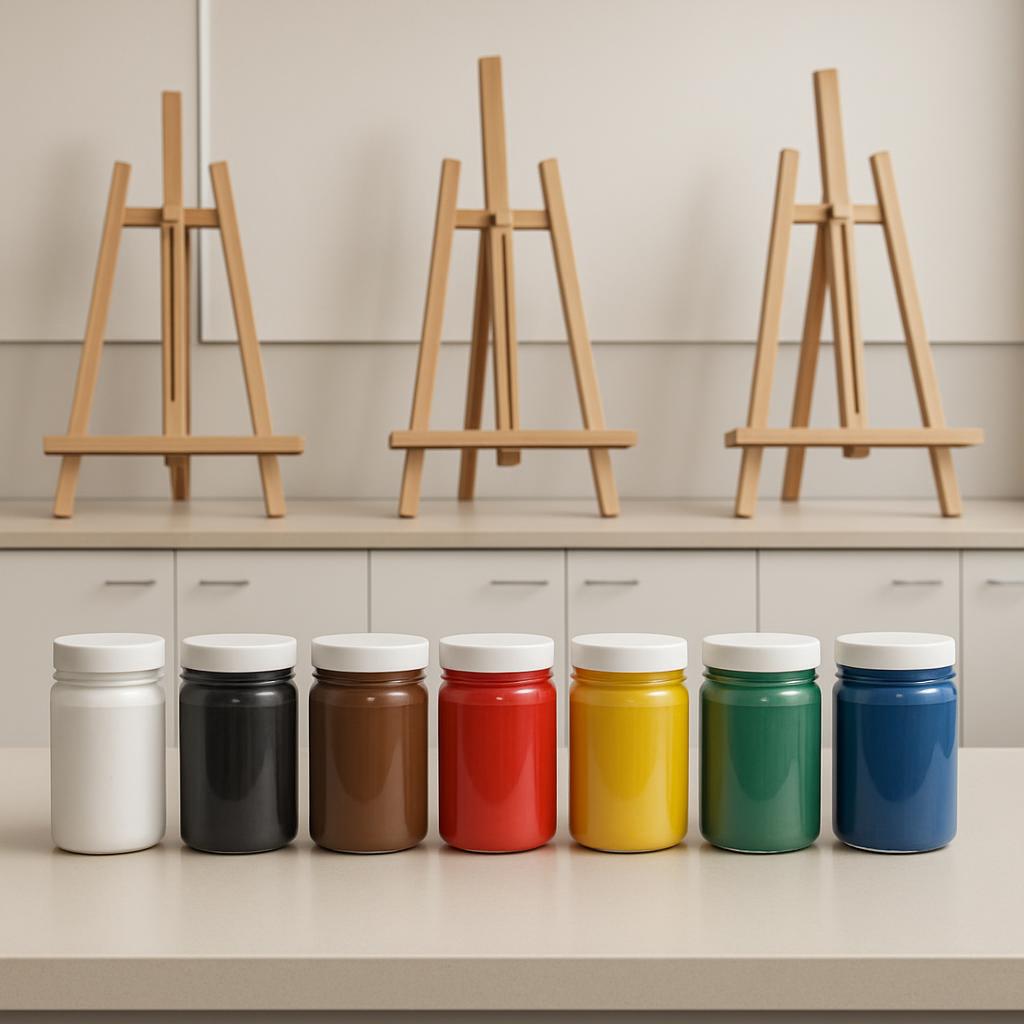 An arrangement of seven jars in a row, each jar filled with a different color, sits in front of three miniature easels, su...