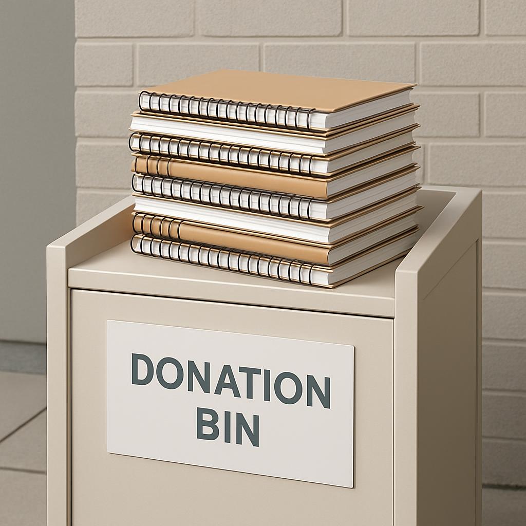 A stack of spiral-bound notebooks sits atop a beige metal donation bin, awaiting collection of in-kind pledges. The bin fe...