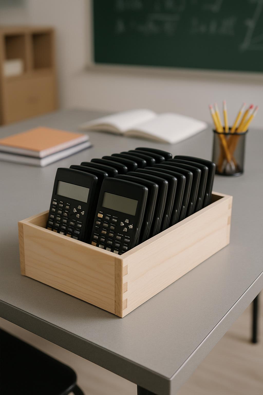 A box of black calculators sits in a gray desk, accompanied by a white notebook, setting, pencils, and a green chalkboard ...