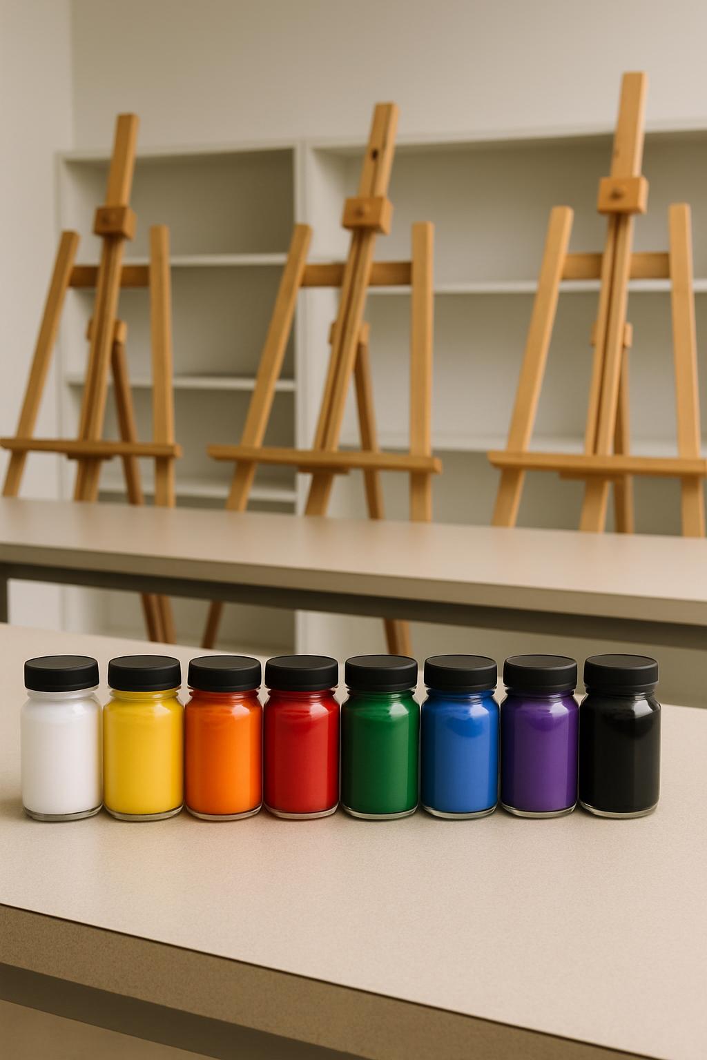 **Object Identification** * Photograph depicts a blank art classroom. * The area contains several wooden easels and empty ...