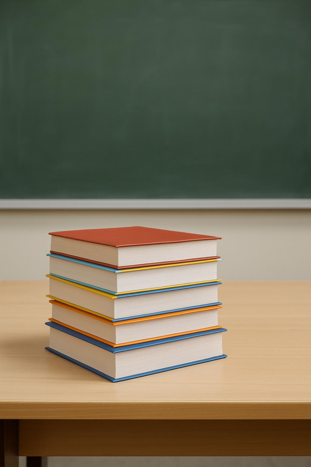 Stack of books on a table against a green chalkboard wall in a classroom.